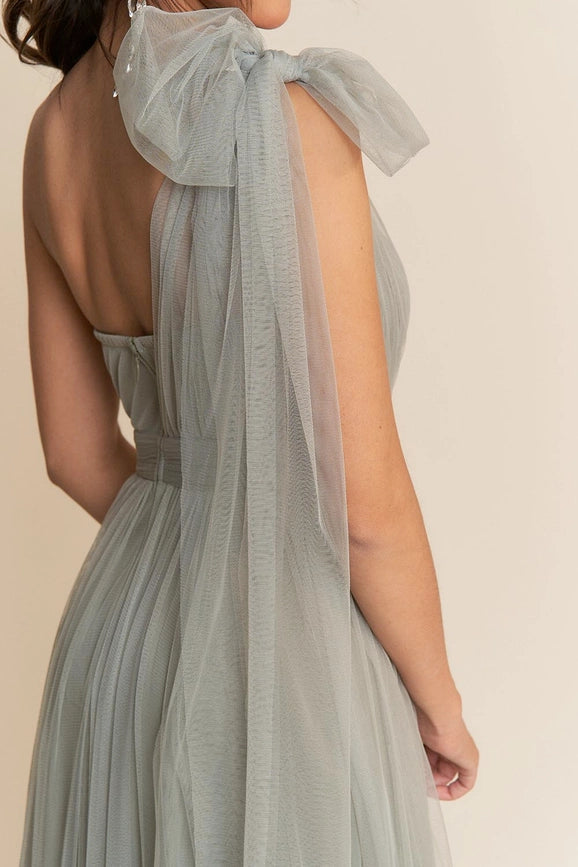 One Shoulder Tulle Tied Double Slits Details Maxi Dress  Sage