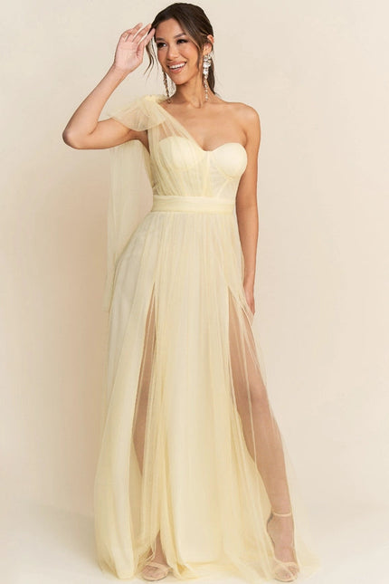 One Shoulder Tulle Tied Double Slits Details Maxi Dress Yellow