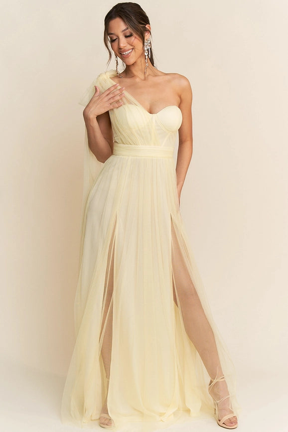 One Shoulder Tulle Tied Double Slits Details Maxi Dress Yellow