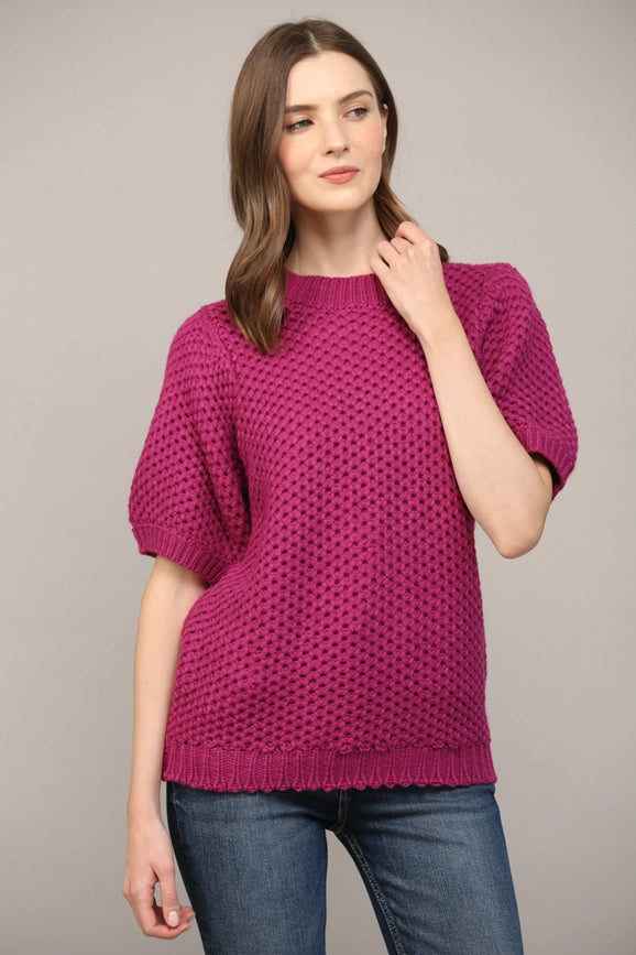 Open Knit Short Ballon Slv Sweater BERRY