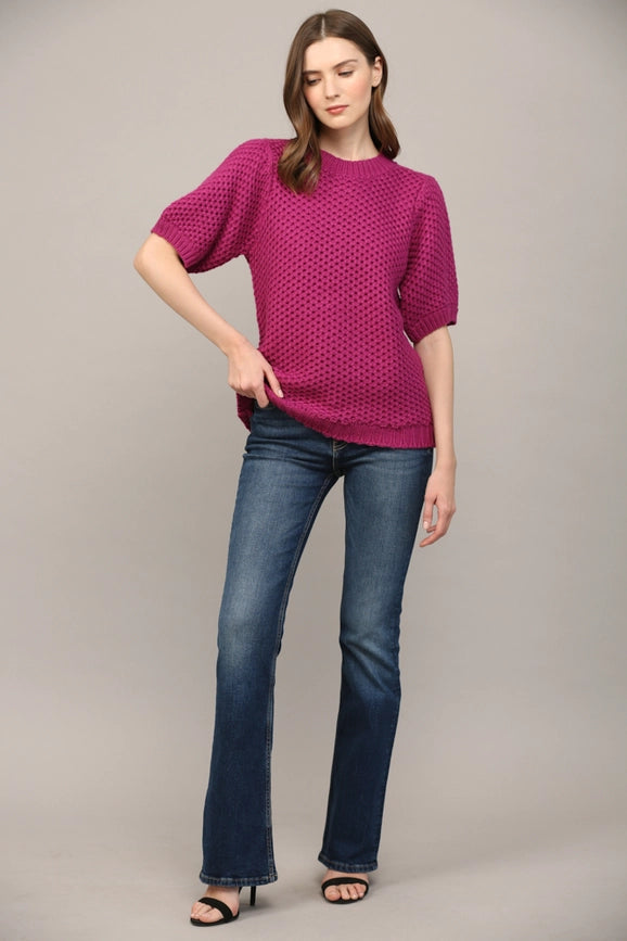 Open Knit Short Ballon Slv Sweater BERRY