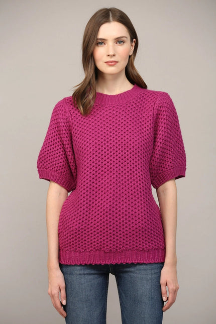 Open Knit Short Ballon Slv Sweater BERRY