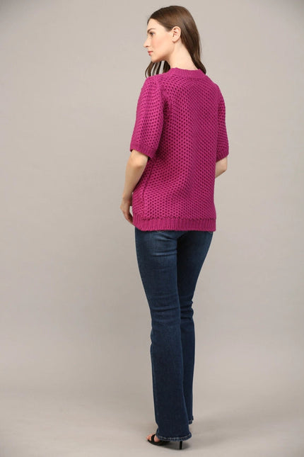 Open Knit Short Ballon Slv Sweater BERRY