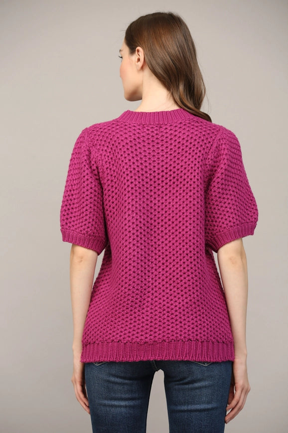 Open Knit Short Ballon Slv Sweater BERRY