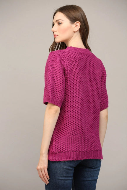 Open Knit Short Ballon Slv Sweater BERRY