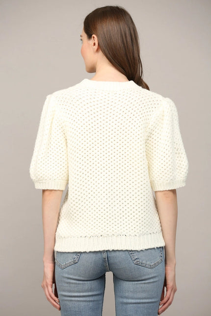 Open Knit Short Ballon Slv Sweater CREAM