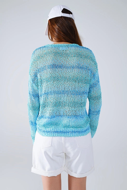 Open Knit Stripey Crew Neck Sweater in Shades of Blue