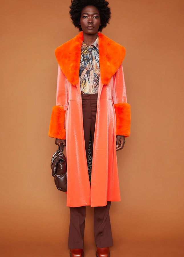 Orange Faux Suede Trench Coat with Faux Fur Collar and Cuffs-0