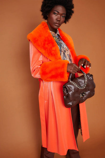 Orange Faux Suede Trench Coat with Faux Fur Collar and Cuffs-1