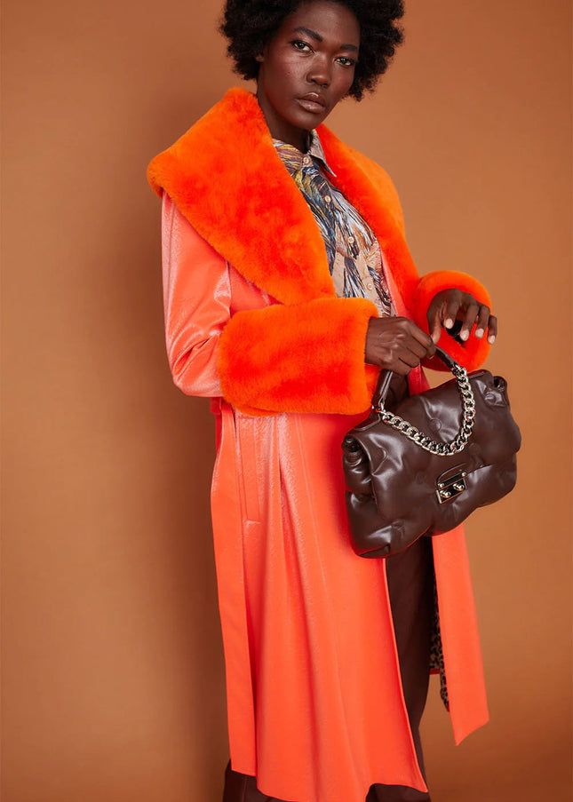 Orange Faux Suede Trench Coat with Faux Fur Collar and Cuffs-1