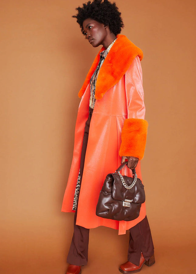 Orange Faux Suede Trench Coat with Faux Fur Collar and Cuffs-2