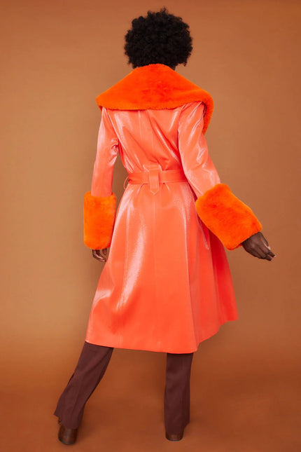 Orange Faux Suede Trench Coat with Faux Fur Collar and Cuffs-3