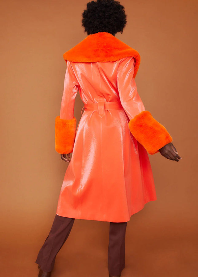 Orange Faux Suede Trench Coat with Faux Fur Collar and Cuffs-3