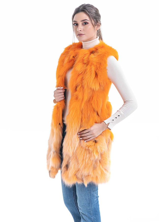 Orange Genuine Fox Fur Vest-0