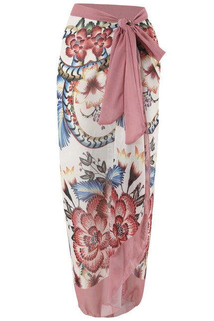 Oriental Print Plunge One Piece Swimsuit Sarong Pink