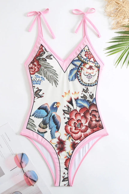 Oriental Print Plunge One Piece Swimsuit Sarong Pink