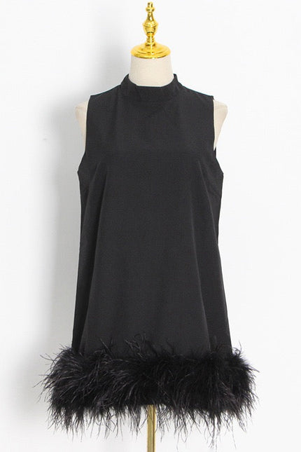 Ostrich Feather Turtleneck Sleeveless Shift Dress Black-Dress-Productseeker-S-Urbanheer