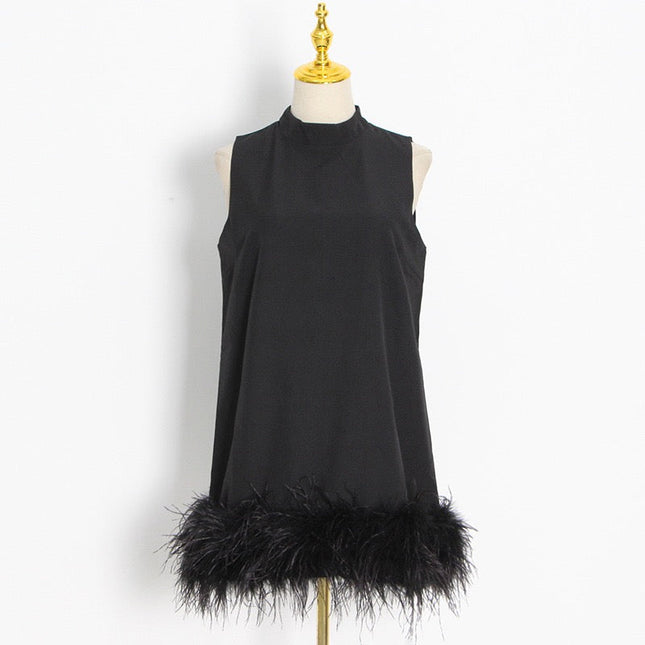 Ostrich Feather Turtleneck Sleeveless Shift Dress Black-Dress-Productseeker-S-Urbanheer