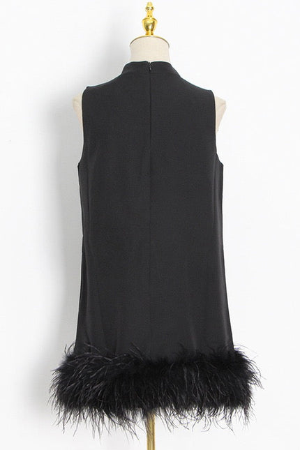 Ostrich Feather Turtleneck Sleeveless Shift Dress Black-Dress-Productseeker-Urbanheer