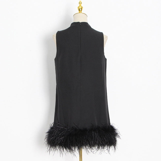 Ostrich Feather Turtleneck Sleeveless Shift Dress Black-Dress-Productseeker-Urbanheer