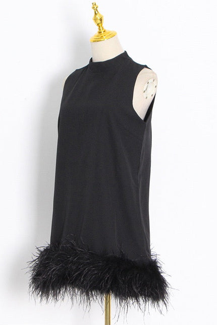 Ostrich Feather Turtleneck Sleeveless Shift Dress Black-Dress-Productseeker-Urbanheer