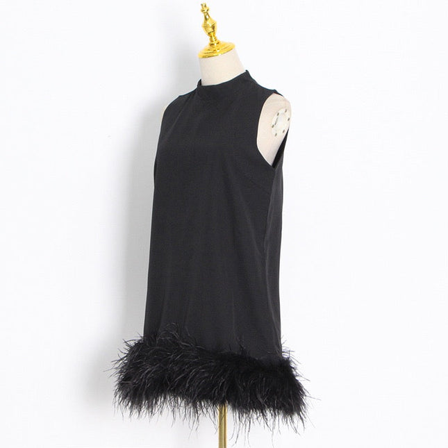 Ostrich Feather Turtleneck Sleeveless Shift Dress Black-Dress-Productseeker-Urbanheer