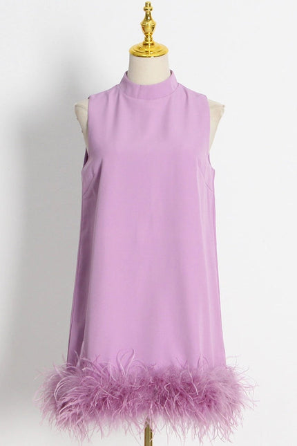 Ostrich Feather Turtleneck Sleeveless Shift Dress Purple-Dress-Productseeker-S-Urbanheer