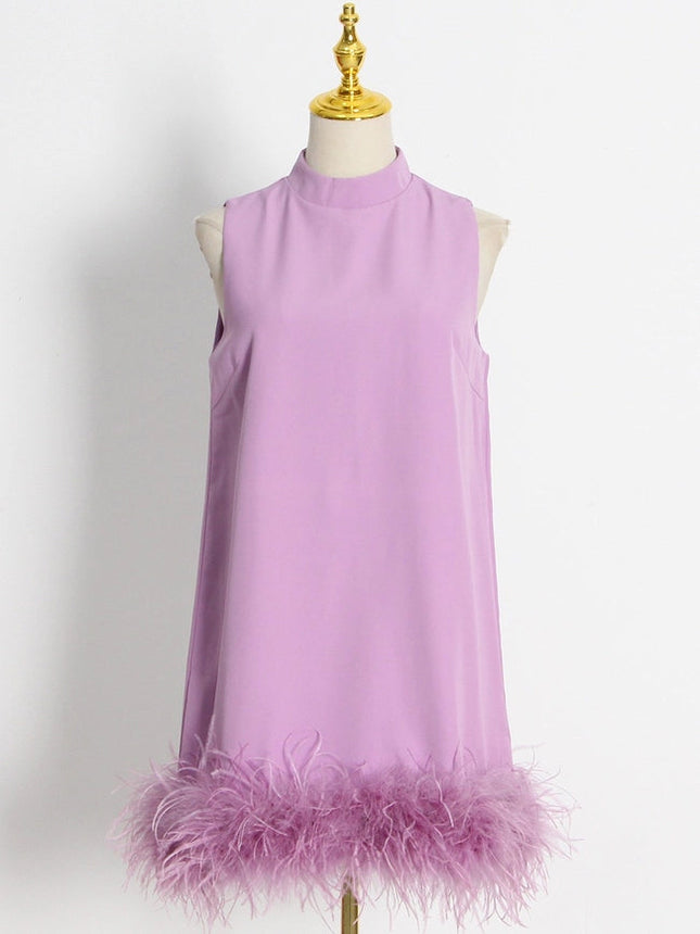 Ostrich Feather Turtleneck Sleeveless Shift Dress Purple-Dress-Productseeker-S-Urbanheer