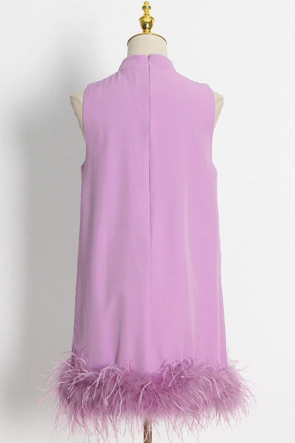 Ostrich Feather Turtleneck Sleeveless Shift Dress Purple-Dress-Productseeker-Urbanheer