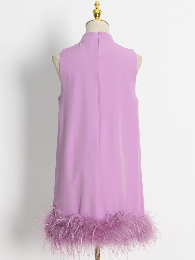 Ostrich Feather Turtleneck Sleeveless Shift Dress Purple-Dress-Productseeker-Urbanheer