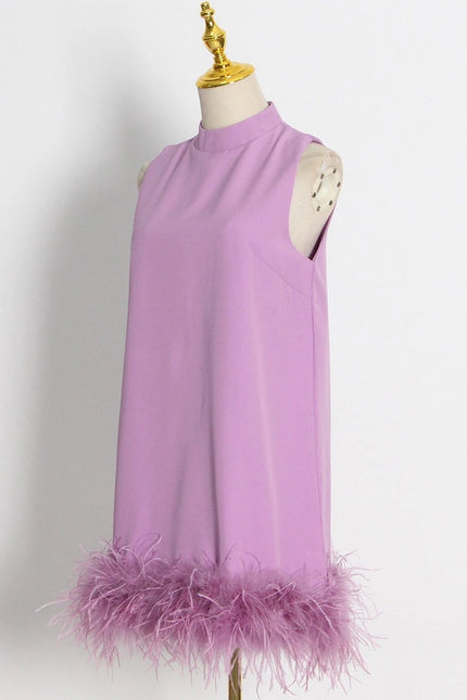 Ostrich Feather Turtleneck Sleeveless Shift Dress Purple-Dress-Productseeker-Urbanheer