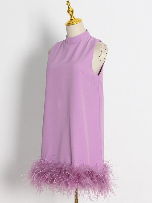 Ostrich Feather Turtleneck Sleeveless Shift Dress Purple-Dress-Productseeker-Urbanheer