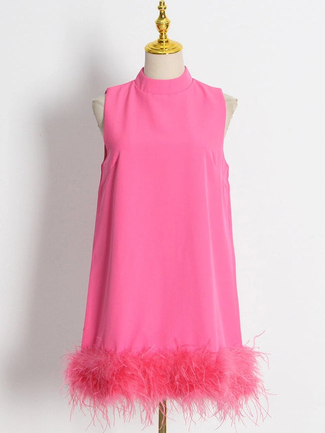 Ostrich Feather Turtleneck Sleeveless Shift Dress Rose Red-Dress-Productseeker-S-Urbanheer