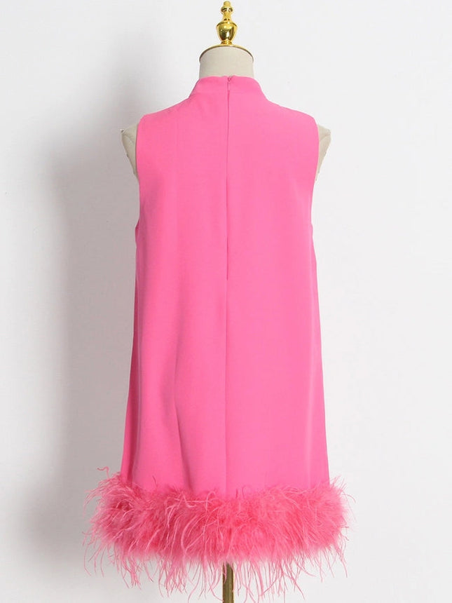 Ostrich Feather Turtleneck Sleeveless Shift Dress Rose Red-Dress-Productseeker-Urbanheer