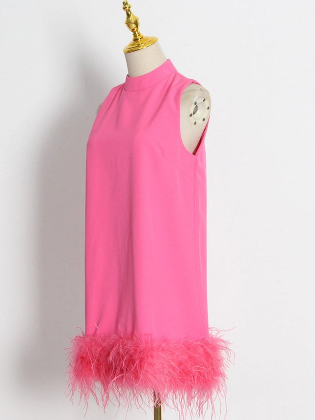 Ostrich Feather Turtleneck Sleeveless Shift Dress Rose Red-Dress-Productseeker-Urbanheer