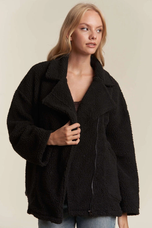 Oversized Faux Fur Zip Up Jacket with Longsleve BLACK