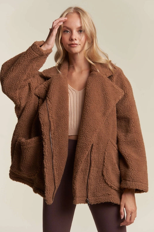 Oversized Faux Fur Zip Up Jacket with Longsleve MOCHA