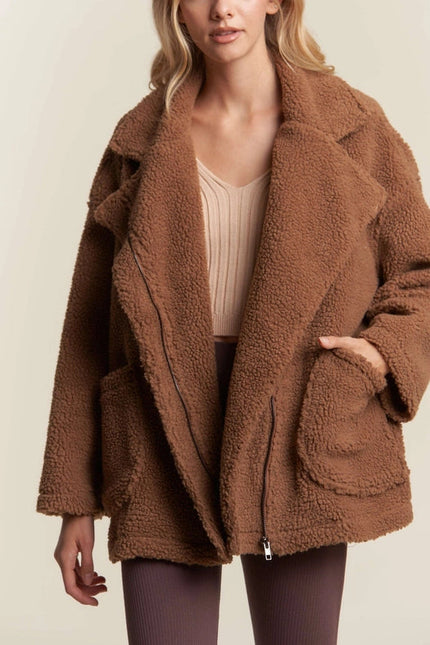 Oversized Faux Fur Zip Up Jacket with Longsleve MOCHA