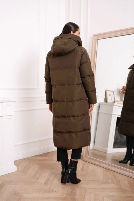 Oversized Long Quilted Hooded Parka Khaki