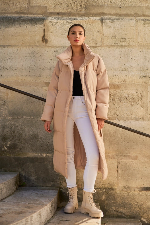 Oversized Long Quilted Parka Beige