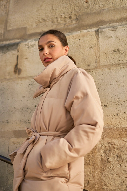 Oversized Long Quilted Parka Beige