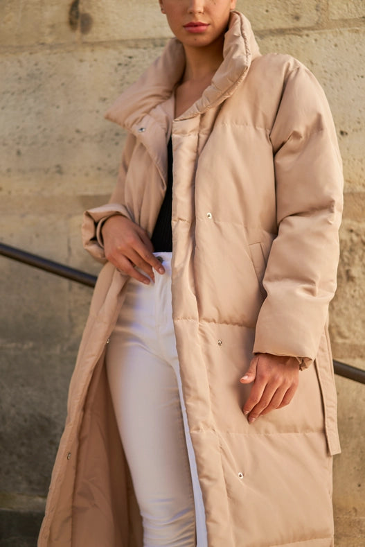 Oversized Long Quilted Parka Beige