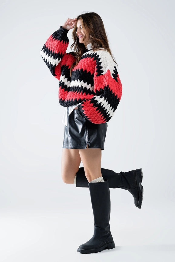 Oversized Red Zig Zag Striped Sweater