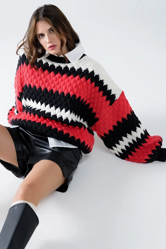 Oversized Red Zig Zag Striped Sweater