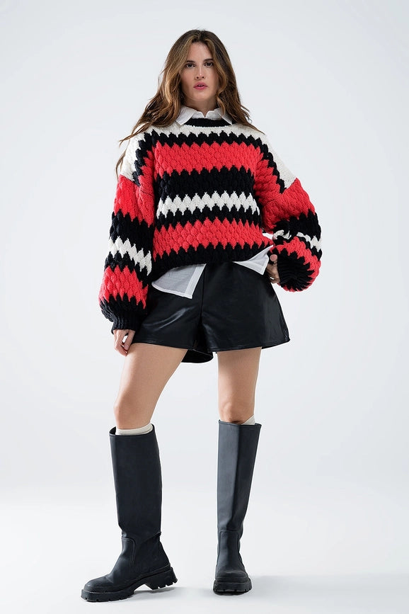 Oversized Red Zig Zag Striped Sweater