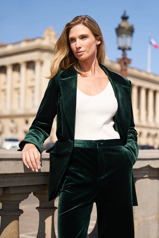 Oversized Velvet Jacket With A Gold Button Bottle Green