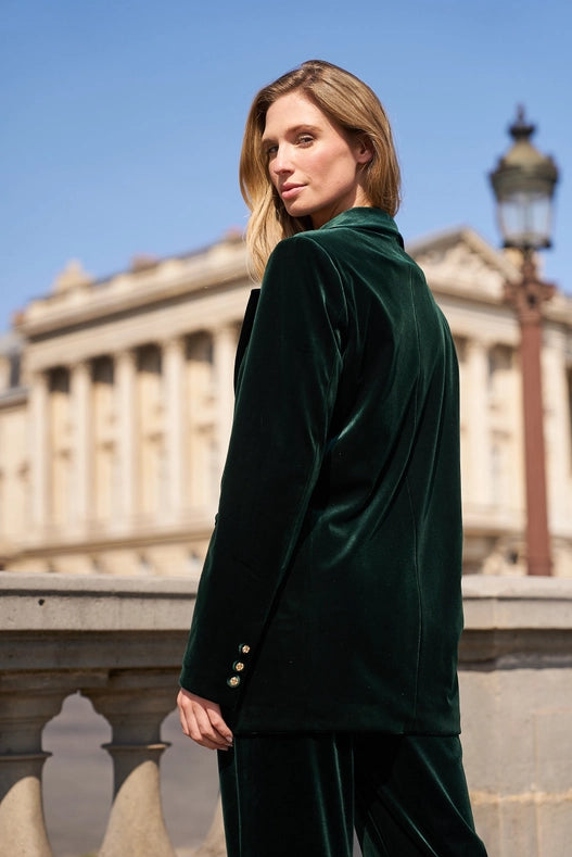 Oversized Velvet Jacket With A Gold Button Bottle Green