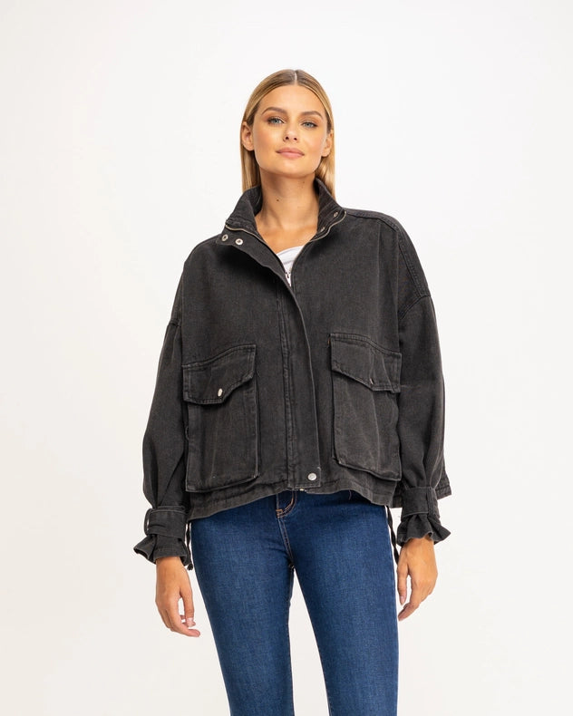 Oversized Denim Jacket With High Collar, Pockets And Graphic On The Back Black