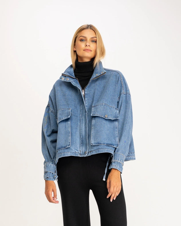 Oversized Denim Jacket With High Collar, Pockets And Graphic On The Back