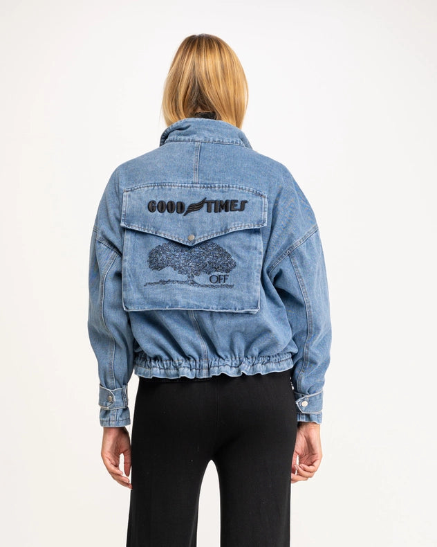 Oversized Denim Jacket With High Collar, Pockets And Graphic On The Back